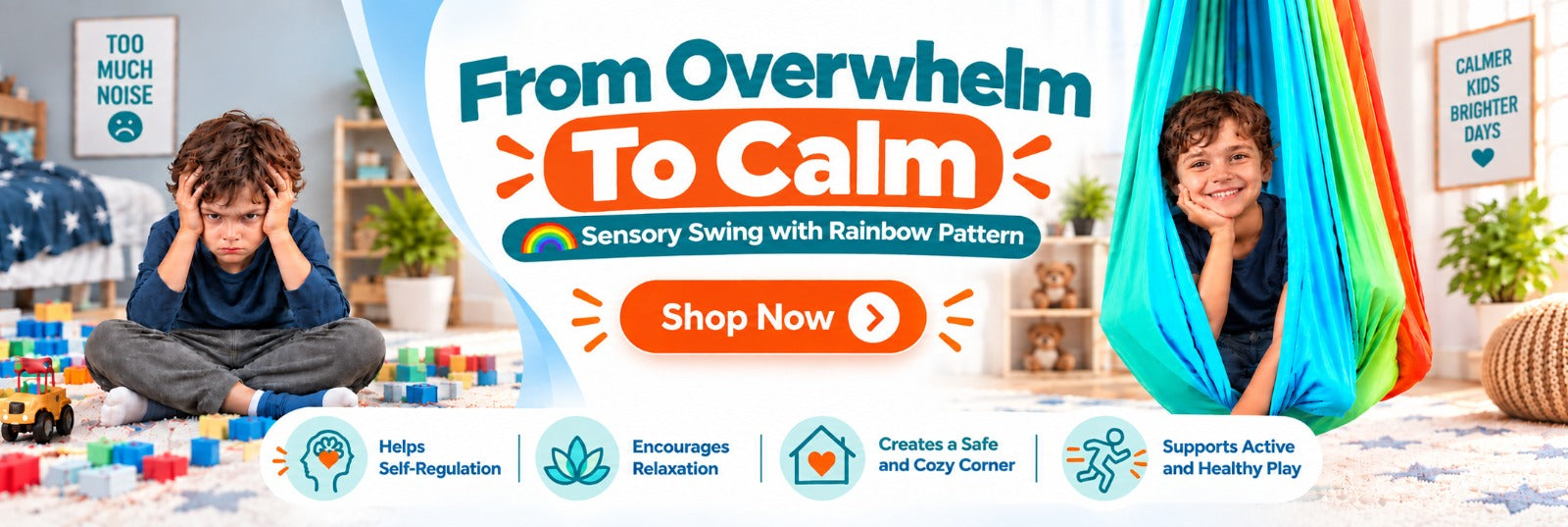 From Overwhelm to Calm. Sensory Swing with Rainbow Pattern. A child enjoying a rainbow swing.