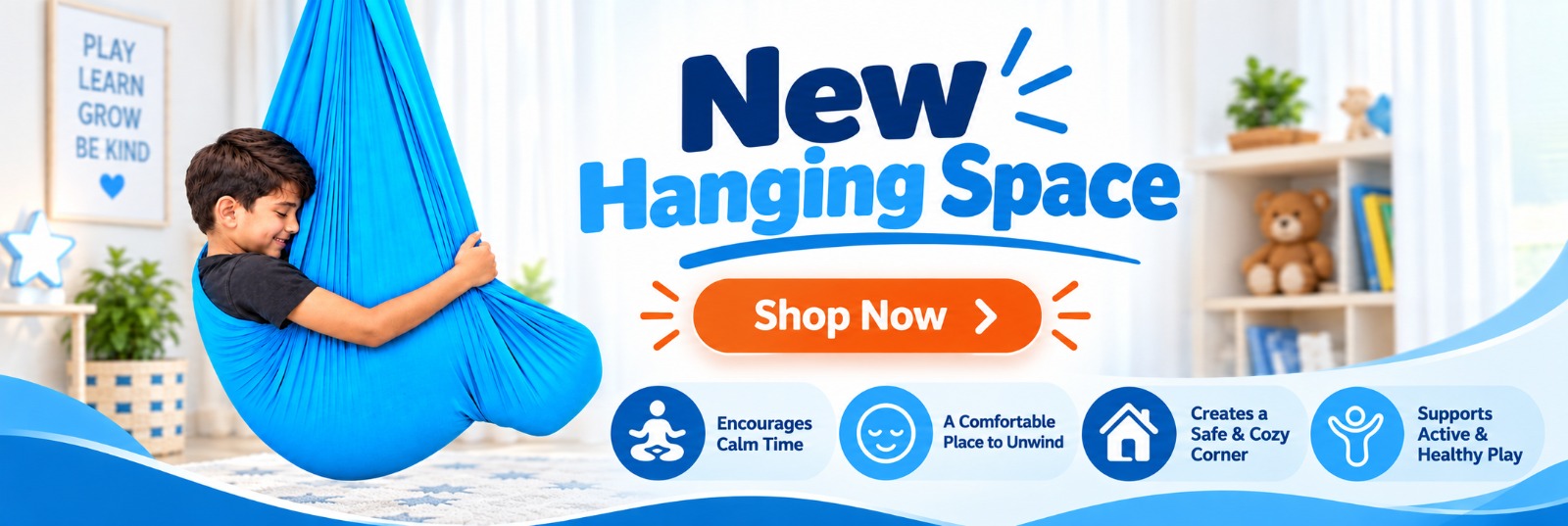 New Hanging Space. A child enjoying a blue Colyvee sensory swing. Encourages calm time, a comfortable place to unwind, creates a safe and cozy corner, and supports active and healthy play.